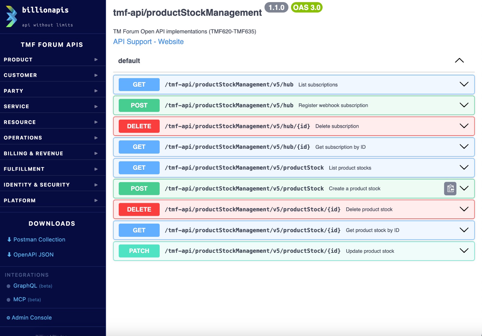 BillionAPIs TMForum Gateway API explorer, showing Product Stock Management endpoints with GraphQL and MCP integrations